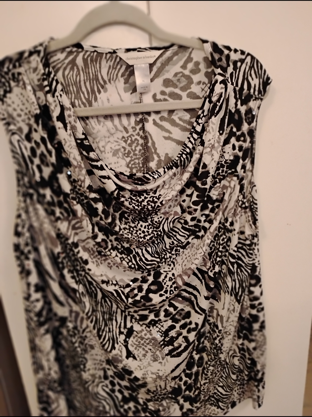 Christopher & Banks Black and White Animal Print Drape Neck Tank